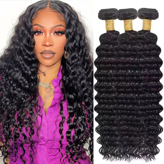 Bundles human hair Deep Wave Real Human Hair Bundles 18 20 22 Inch Unprocessed Brazilian 3 Bundles Hair Curly Bundles Human Hair Wet and Wavy Quick Weave Hair Extensions Natural Black