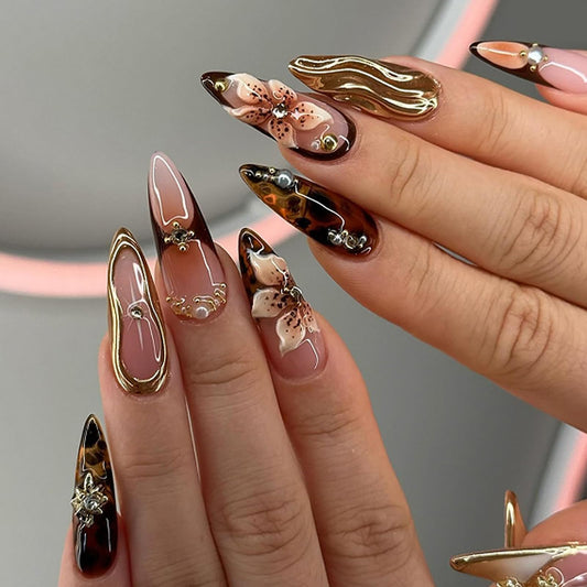 24Pcs Handmade Almond Press on Nails Medium Fake Nails with 3D Flower Rhinestones Design French Tip Almond False Nail Artificial Acrylic Nails Press ons Full Cover Flower Stick on Nails for Women