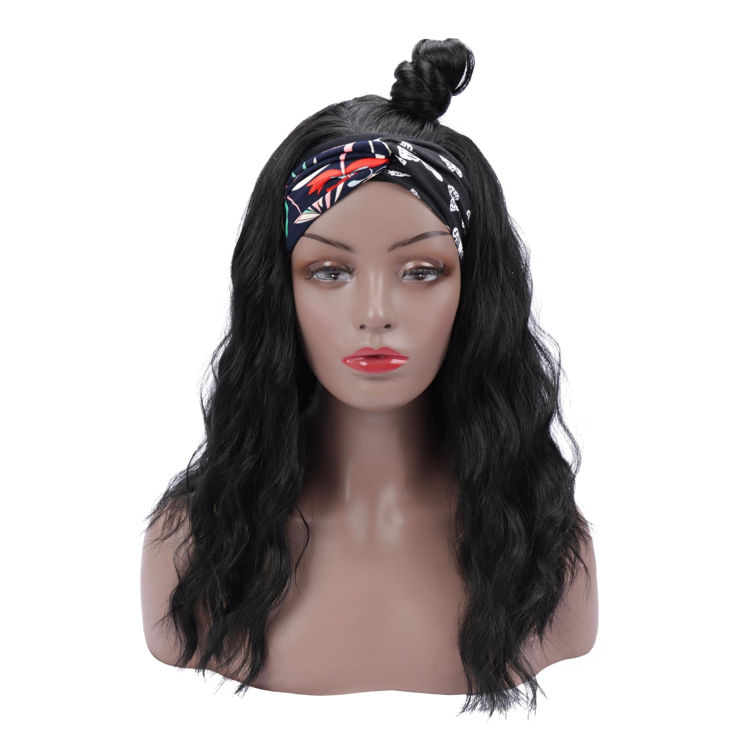 Colorful Queen Glueless Headband Wig Synthetic Long Black Body Wave Headband Wigs for Black Women Natural Looking Wavy Wig Heat Resistant 180% Density(16inch, 1B#)