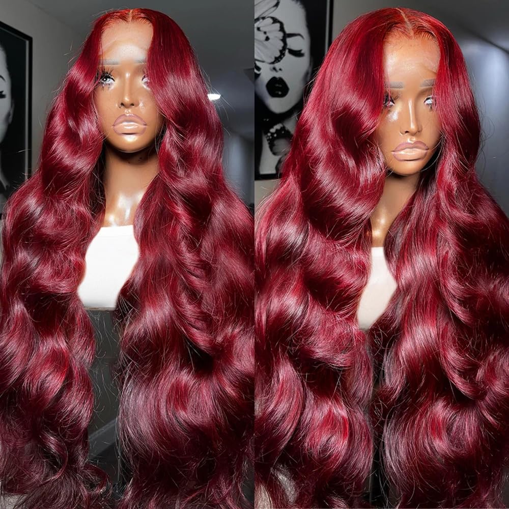 SISIFIRE Burgundy Body Wave Lace Front Wigs for Women 13 * 4 Inch Heat Resistant Fiber Long Loose Curly Lace Wig with Baby Hair Wine Red Synthetic Glueless Lace Front Wig for Daily Party Use 26 Inch