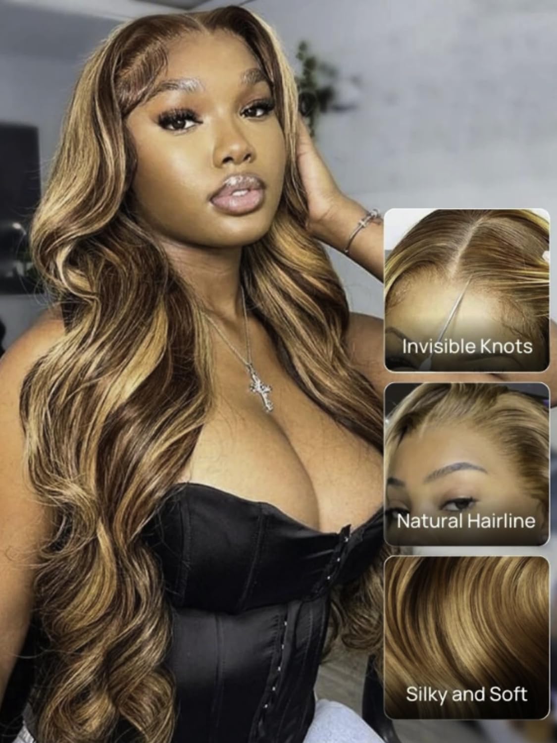 KLAIYI Wear And Go Glueless Wig Bye Bye Knots 13x4 Precut Lace Front Wigs Human Hair Ombre Highlight Blonde Body Wave Wig Pre Bleached Pre Everything Pre Plucked with Baby Hair 3S Ready to Wear 26Inch