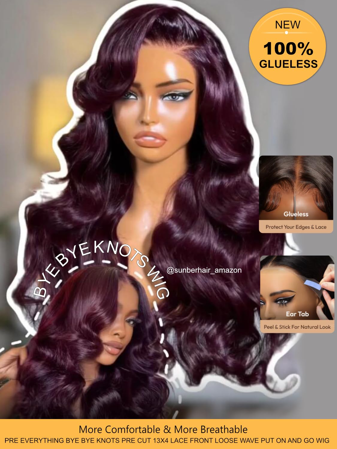 Sunber Purple Black Cherry Loose Body Wave With Drawstring Wig Bye Bye Knots 13x4 Pre-Everything Lace Frontal Glueless Wigs Pre Plucked Pre Bleached Knots 180% Density 16Inch 3S Put On and Go Wigs