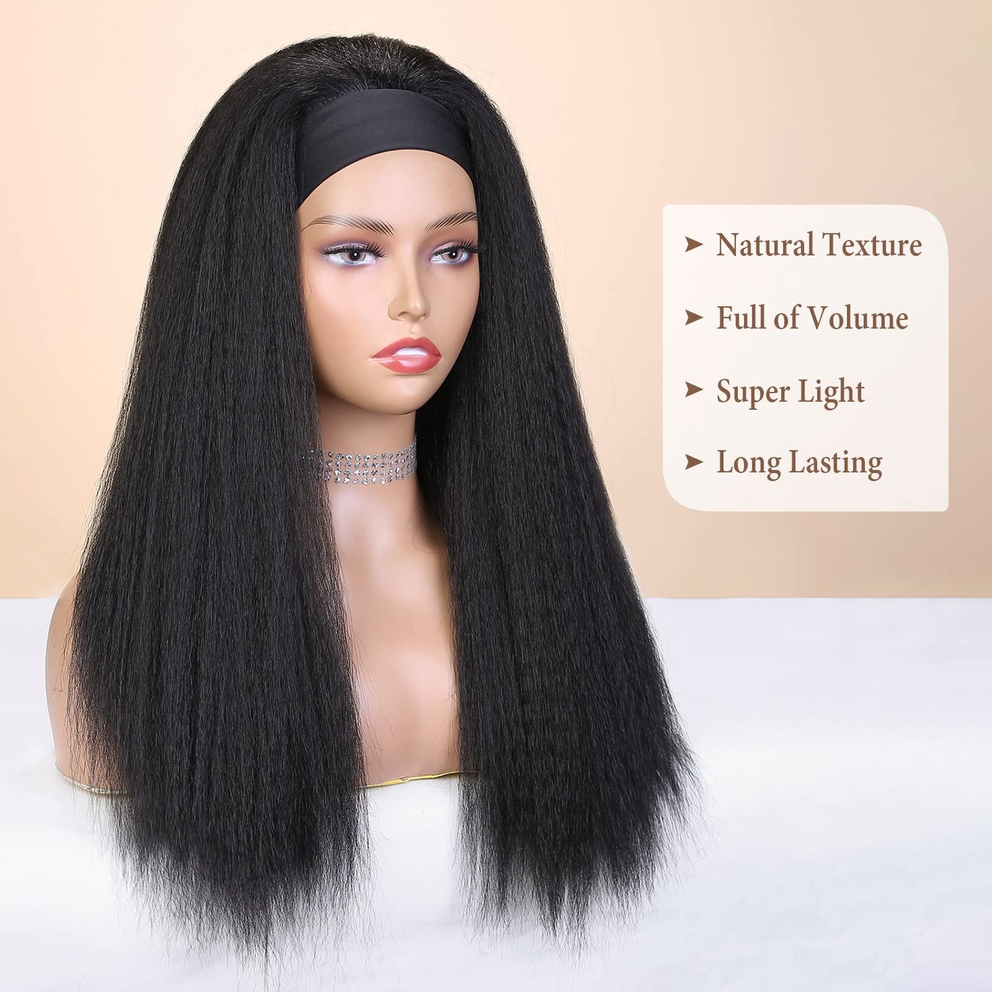 WIGNEE Kinky Straight Headband Wig for Women, 22 Inches, Yaki Straight Wigs with Black Headband, Synthetic Hair, Easy to Style, No Lace Front, No Glue