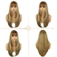 NOVFLKW Brown Long Straight Layered Wig with Bangs for Women 26 inch Light Brown with Blonde Put on Go Realistic Synthetic Heat Resistant Natural Wig for Girls Party Cosplay and Daily Use