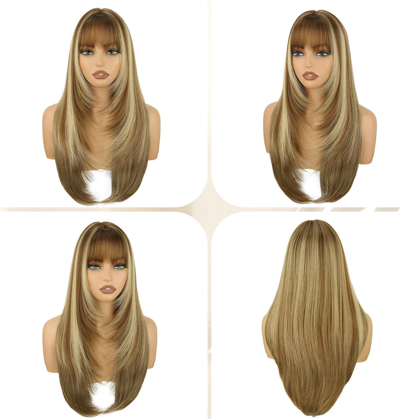 NOVFLKW Brown Long Straight Layered Wig with Bangs for Women 26 inch Light Brown with Blonde Put on Go Realistic Synthetic Heat Resistant Natural Wig for Girls Party Cosplay and Daily Use