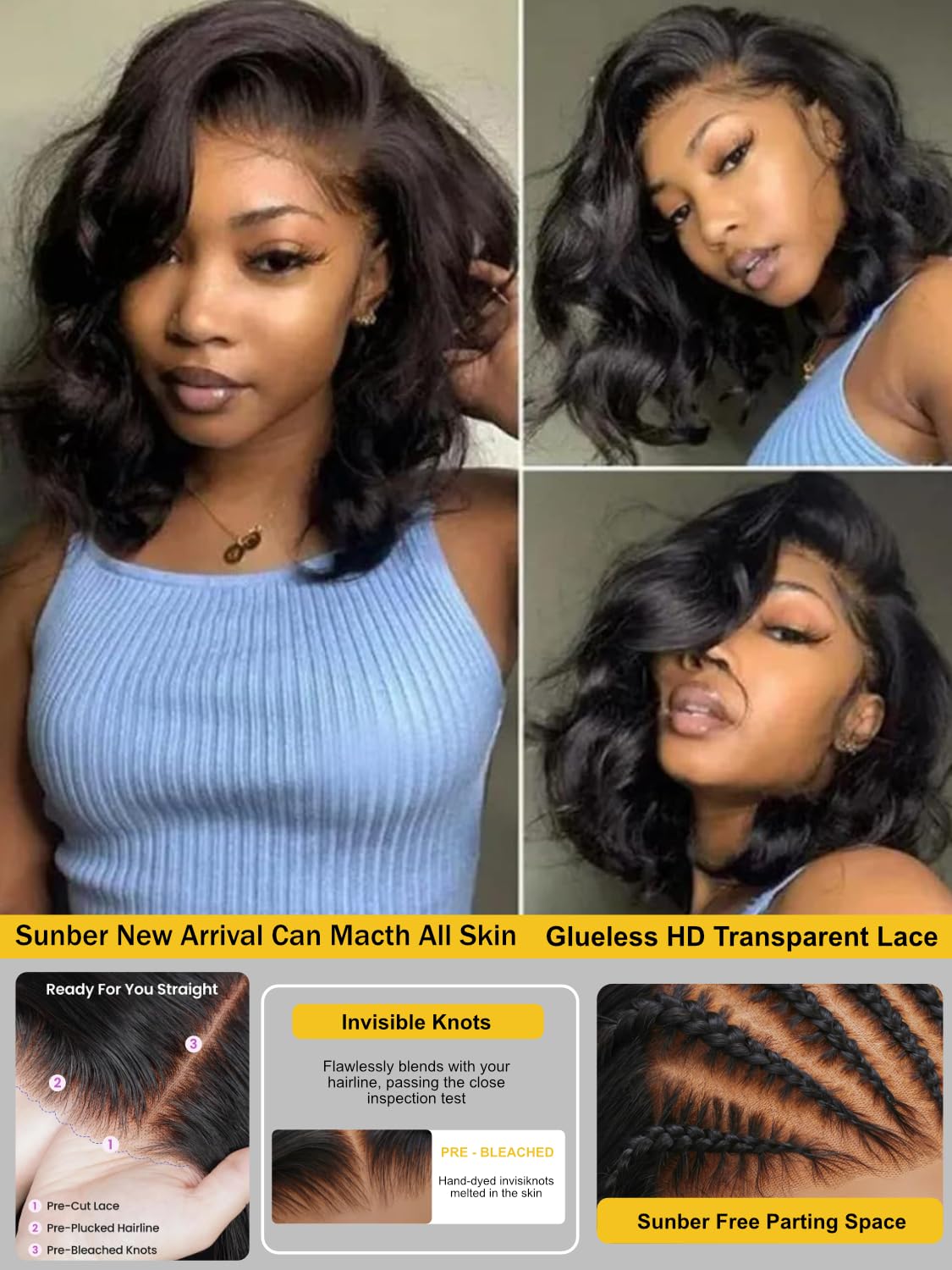 Sunber Put On and Go Glueless Light Yaki Loose Wave Bob Human Hair Wigs Pre Plucked Pre Bleached Human Hair Bye Bye Knots Pre Cut 13x4 HD Lace Front Lace with Elastic Drawstring Pre Everything 12Inch