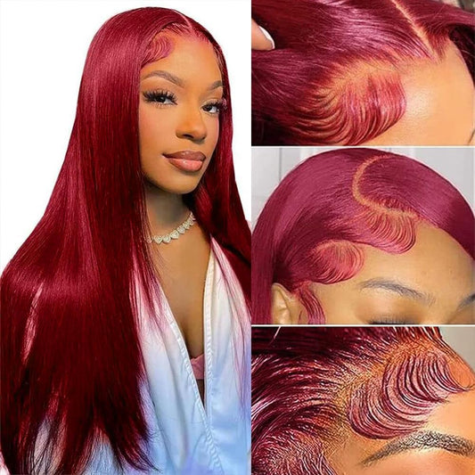 ROLKISA 99j Burgundy Lace Front Wigs Human Hair 22Inch 13x6 HD Transparent Lace Straight Red Wig Human Hair Colored Reddish Brown Lace Frontal Wigs Human Hair 180% Density Pre Plucked With Baby Hair