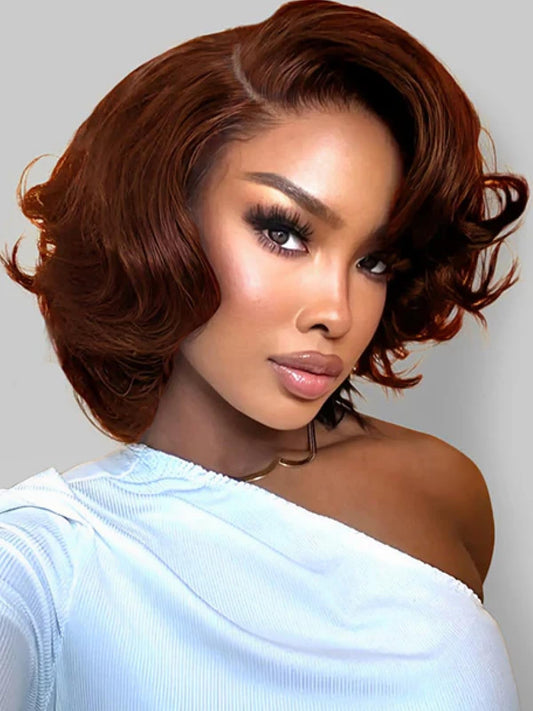 UNICE Natural Wavy Blow Out Bob Wig Human Hair with Drawstring Side Part Reddish Brown Bye Bye Knots 7x5 Lace Closure Glueless Wigs Human Hair Pre Plucked Pre Cut Read to Wear 12 inch