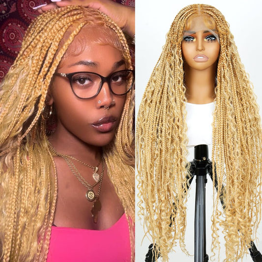 SUPERNOVA 36 Inches Full Lace Boho Box Braided Wig T274/614# Ombre Blonde Synthetic Braids Wig With Baby Hair Bohemian Long Highlight Square Knotless Braided Wigs For Black Women (36 Inch)