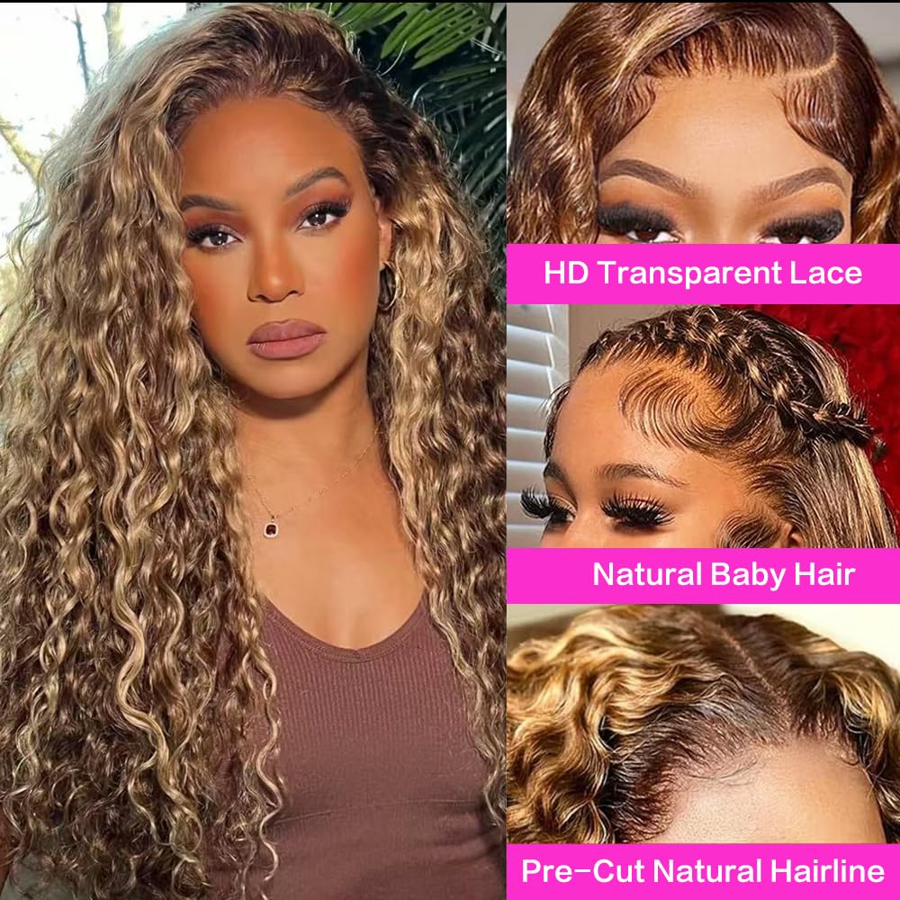 abbildung 28inch Highlight Ombre Lace Front Wig Human Hair 13x6 HD Honey Blonde 4/27 Deep Wave Lace Frontal Wigs Glueless Wigs Human Hair Pre Plucked with Baby Hair 200 Density