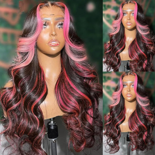 SISIFIRE Pink Highlight Lace Front Wigs for Women Pre-plucked Hairline Glueless 13X4 Inch Synthetic Lace Front Wig with Baby Hair Long Loose Body Wave Wigs