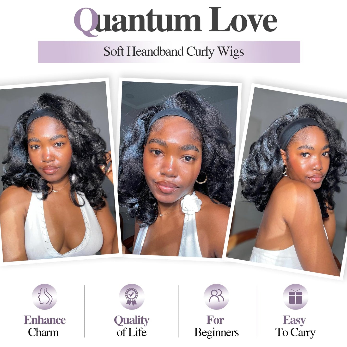 Quantum Love Yaki Curly Headband Wigs for Black Women - Kinky Straight Black Headband Curly Ends Synthetic Wear and Go Glueless Half Wig with Headbands Attached