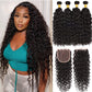 Borchan Water Wave 4 Bundles Human Hair with 4x4 Free Part Closure (24 26 28 30+22) Ocean Wave Wet and Wavy Bundles with Lace Closure Pre Plucked with Baby Hair Natural Color
