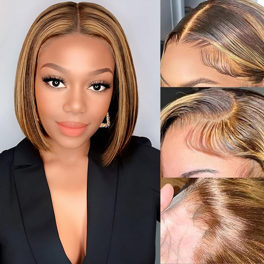 Highlight Wig Human Hair Honey Blonde Ombre Lace Front Wig Straight Gradient Color Real Hair Wigs for Women Pre Plucked With Baby Hair Honey Gold HD Stretchy Glueless Bob Wigs 180% Density 12 Inch