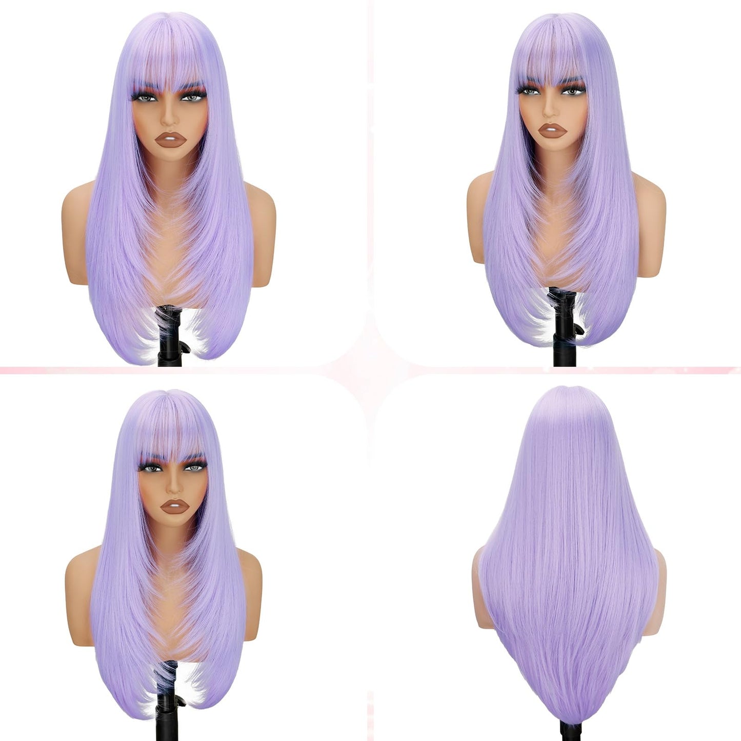 NOVFLKW Light Purple Long Straight Layered Wig with Bangs for Women 26 inch Put on Go Realistic Synthetic Fiber Heat Resistant Natural Wig for Girls Party Cosplay and Daily Use