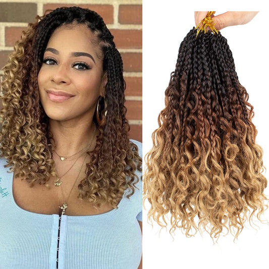 COOKOO 12 Inch Boho Box Braids Crochet Hair for Black Women 8 Pack Synthetic Pre Looped Bohemian Goddess Box Braids Crochet Hair Curly Ends Ombre Brown Braiding Hair 53#