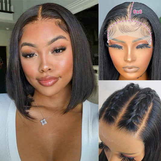 Bob Wig Human Hair Glueless 6x6 Hd Lace Closure Bob Wigs for Women Pre Plucked Bleach Knots Straight Short Bob Lace Front Wigs with Baby Hair Unprocessed Brazilian Virgin Hair Natural Black 12 Inch