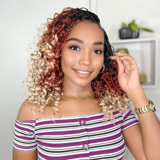 Yewell 9 Packs Goddess Box Braids Crochet Hair Boho Crochet Box-Braids With Curly Ends Crochet-Hair For Black Women, 12 Inch Pre Looped Bohemian Crochet Box-Braid (12Inch 9 Packs,1B/30/613)