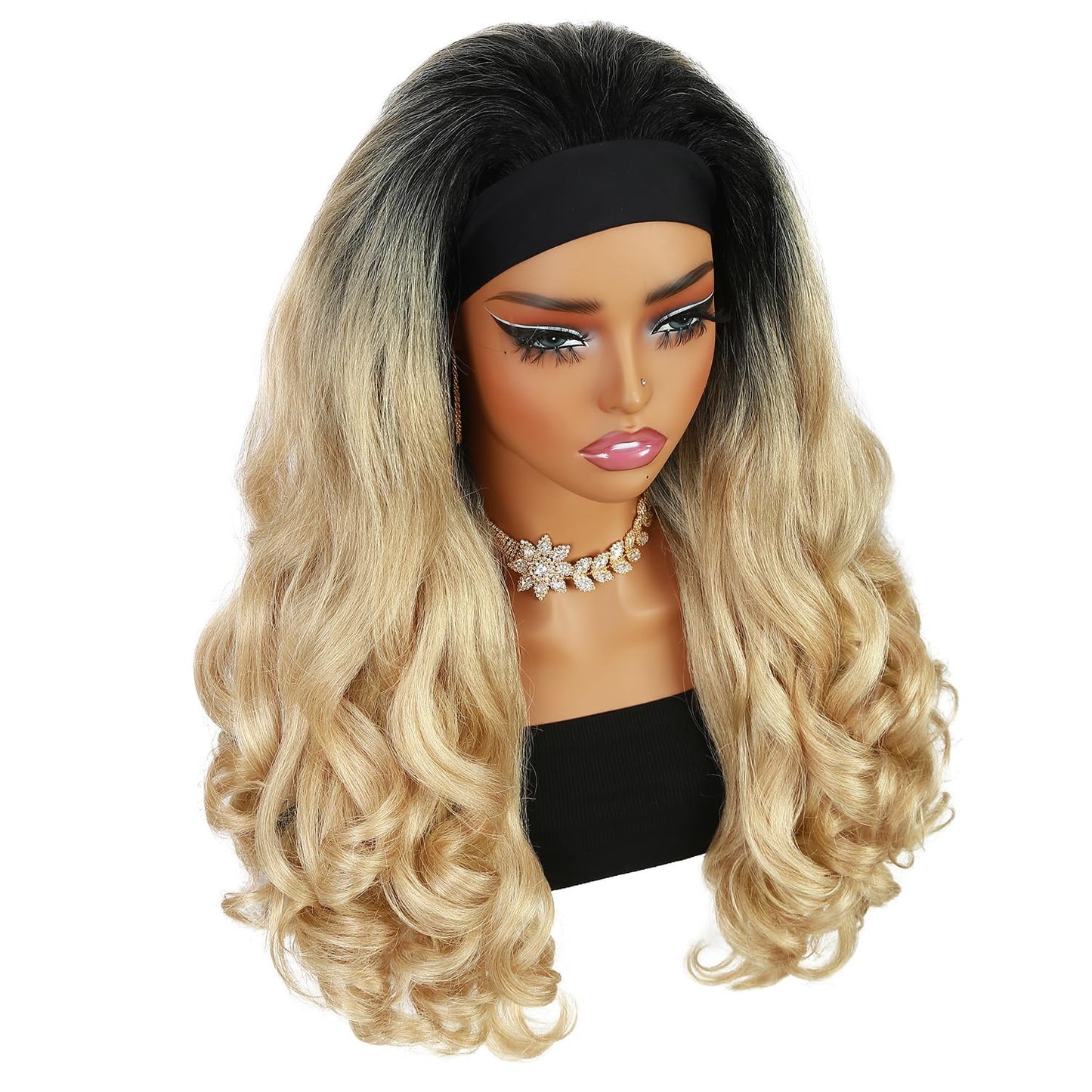 Quantum Love Yaki Curly Headband Wigs for Black Women Kinky Straight Ombre Blonde Headband Curly Ends Synthetic Wear and Go Glueless half Wig with Headbands Attached