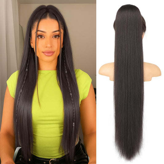 ORSUNCER Drawstring Ponytail Extension, Long Straight Pony Tails Hair Extensions Natural Soft Clip in Ponytail for Women Synthetic Hairpieces Black Brown