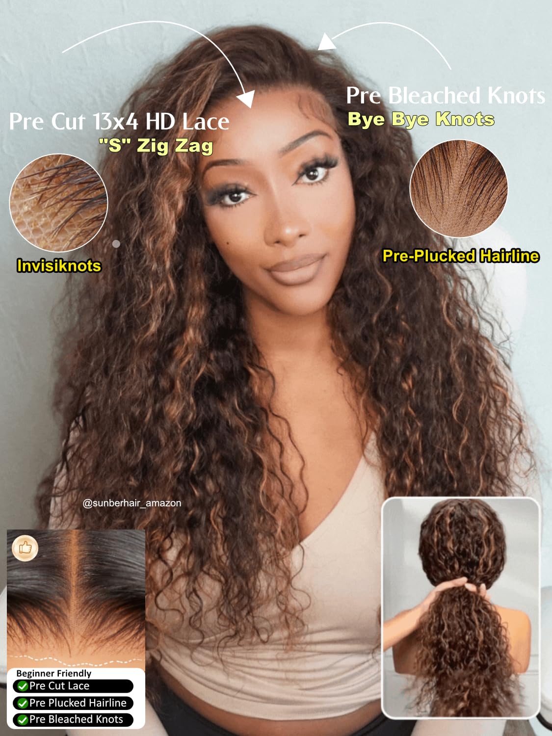 Sunber Ombre Brown Highlights Honey Blonde Water Wave Human Hair Glueless Wig Bye Bye Knots Pre Everything 7x5 Lace Front Pre Cut Lace Pre Plucked Pre Bleached Knots 150% Density 3S Pull Go 16Inch