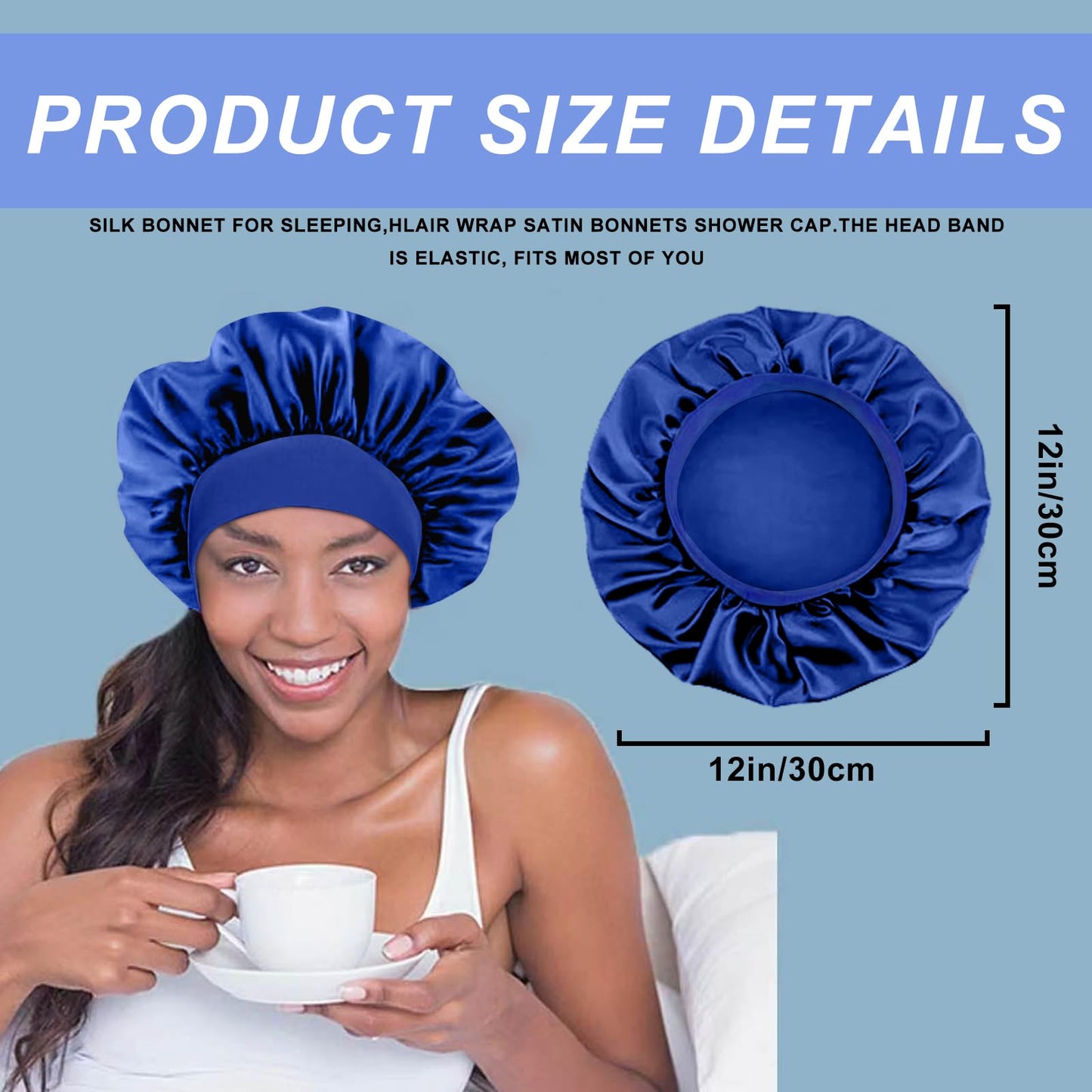 4PCS Silk Bonnet for Sleeping - Satin Hair Wrap Cap for Black Women Men, Curly Hair - Elastic Wide Band Shower Cap (Black, Sapphire Blue, Green, Purple)