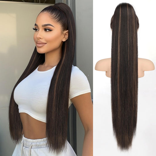 ORSUNCER Drawstring Ponytail Extension, Long Straight Pony Tails Hair Extensions Natural Soft Clip in Ponytail for Women Synthetic Hairpieces Dark Brown Mix Blonde