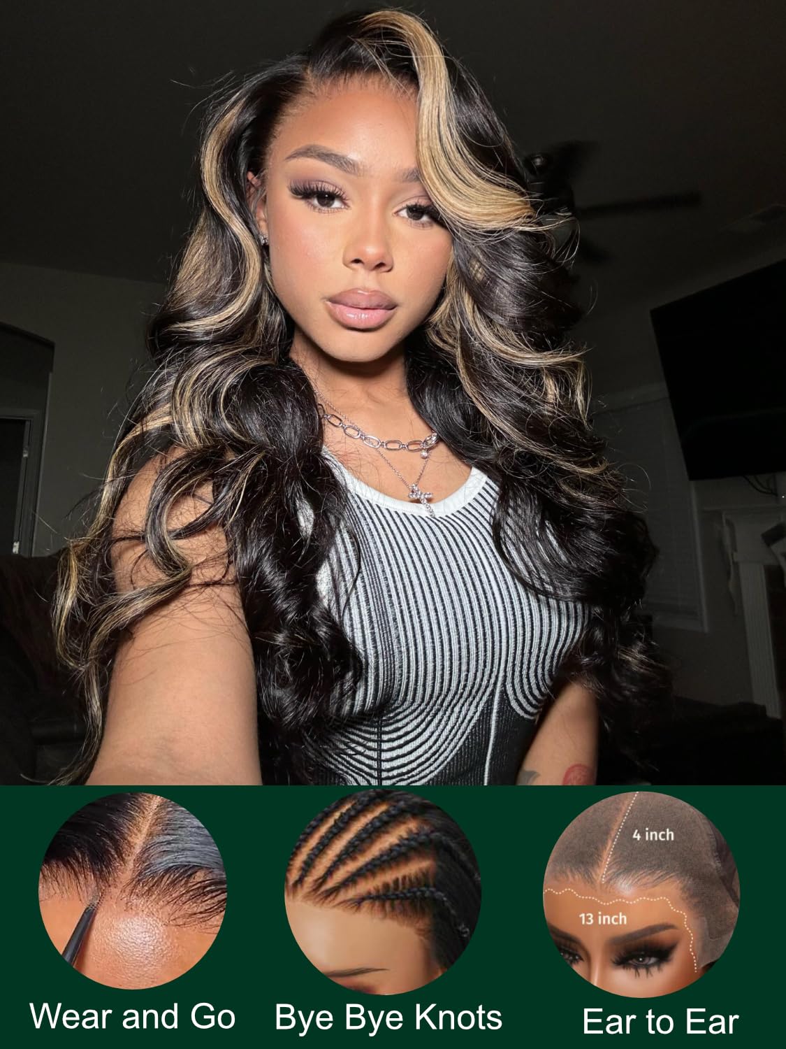 KLAIYI Bye Bye Knots Glueless Wig Human Hair 13x4 Balayage Highlight 3D Body Wave Precut Lace Front Wig with Baby Hair Black Mix Blonde Brown Pre Plucked Pre Bleached Knots Wig 30S Easy to Wear 26Inch