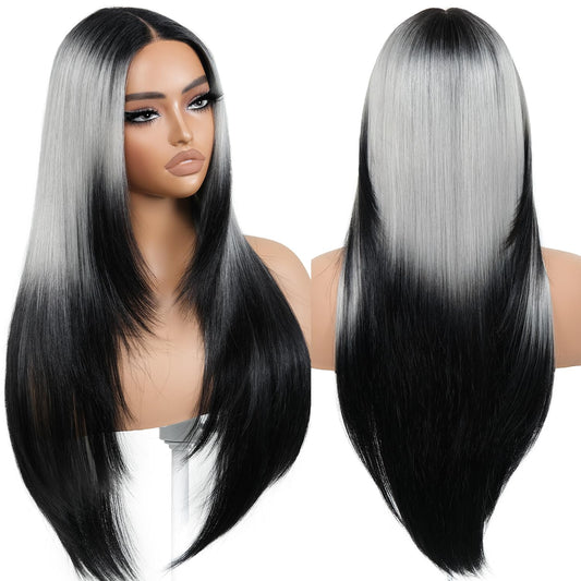 BrownBomb Ombre Sliver Grey Wear and Go Glueless Wigs Pre Plucked Pre Cut for Beginners Synthetic Lace Front Wigs With Bangs Long Straight layered Wigs HD Lace 26 Inch 3 Seconds to Wear for Beginners