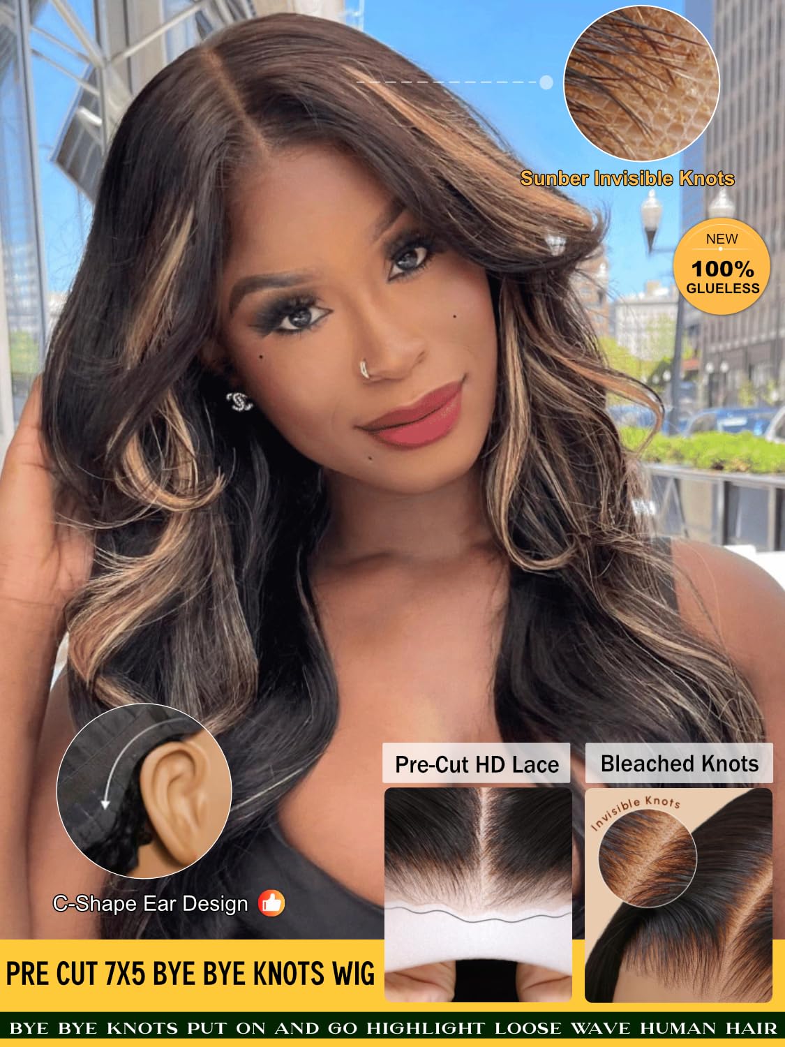 Sunber Butterscotch Highlights Brown with Free Face Framing Bangs Wig Pre Cut 7x5 Bye Bye Knots Lace Loose Wave Glueless Wigs 150% Density Pre Plucked Pre Bleached Knots 150% Density 24Inch Put On Wig