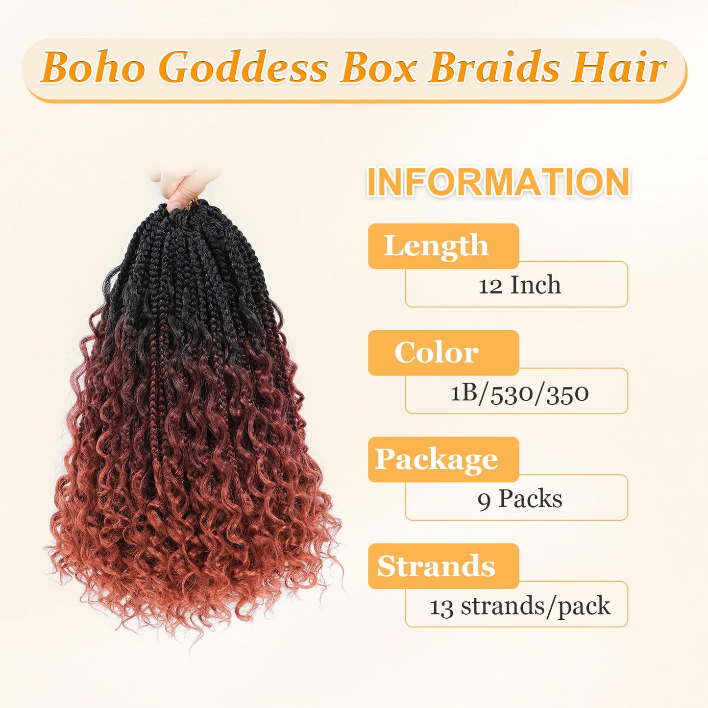 Yewell 9 Packs Goddess Box Braids Crochet Hair Boho Crochet Box-Braids With Curly Ends Crochet-Hair For Black Women, 12 Inch Pre Looped Bohemian Crochet Box-Braid (12Inch 9 Packs,1B/530/350)
