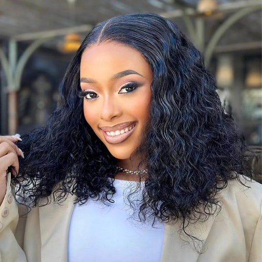 Hihmarm Curly Bob Wig Human Hair Glueless Water Wave Lace Front Wigs Human Hair Pre Plucked 13x6 HD Lace Deep Wave Frontal Bob Wigs for Black Women Curly Wig Natural Black 14 Inch