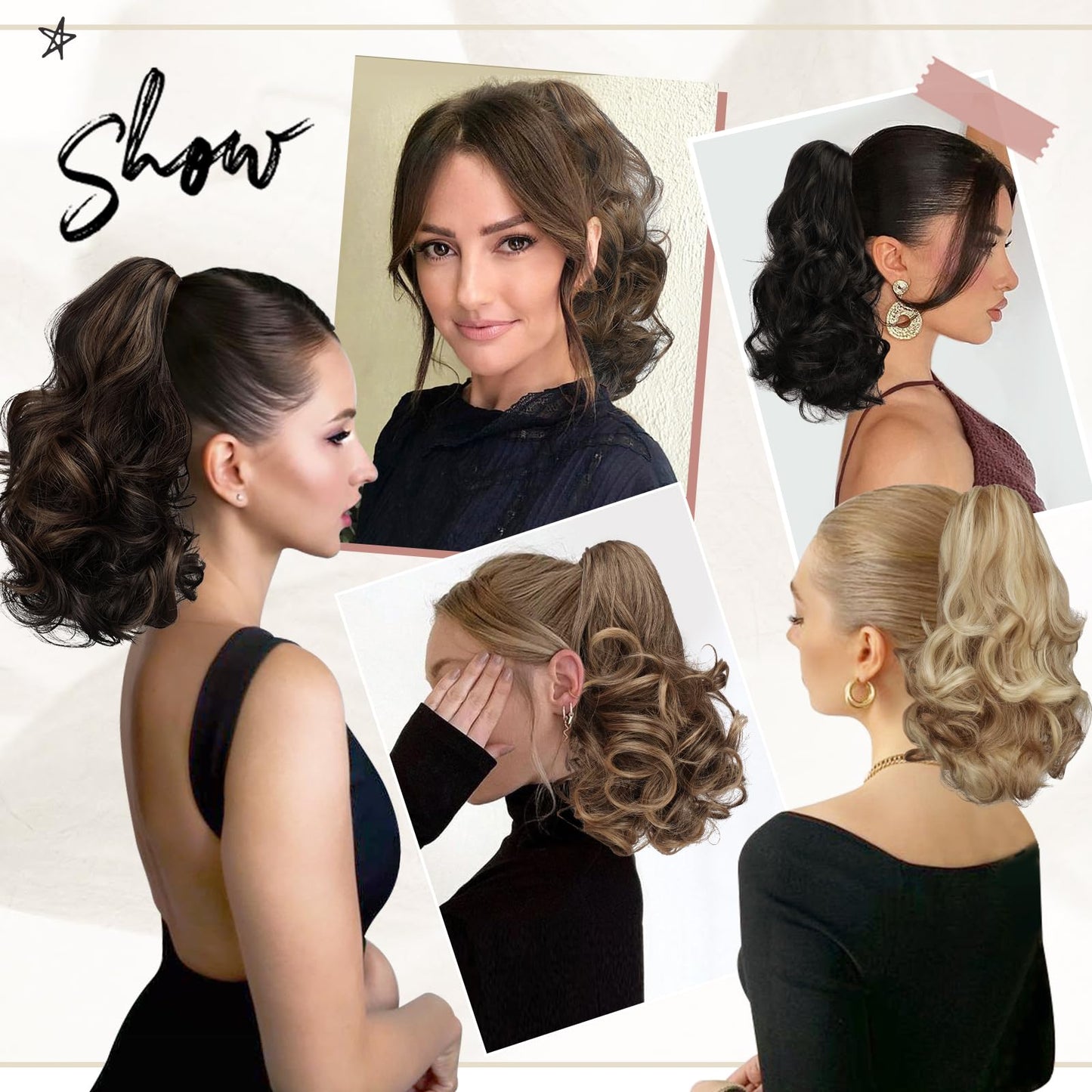 SOFEIYAN Ponytail Extension 11 inch Claw Clip Ponytail Hair Extensions Long Curly Wavy Ponytail Fluffy Clip on Pony Tails Synthetic Hairpiece for Women，Dark Brown/Golden Auburn