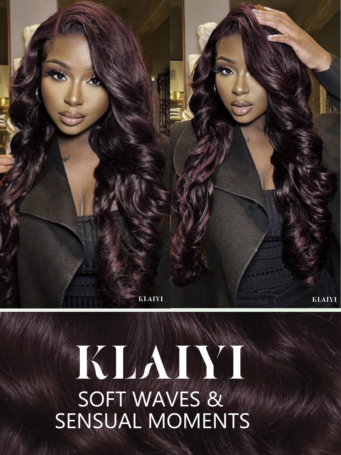 KLAIYI Black Cherry Loose Body Wave Pre Eeverything 13x4 Lace Frontal Wigs Human Hair Bye Bye Knots Glueless Ready to Wear and Go Wig with Face Framing Bangs Drawstring Pre Plucked Burgundy Wig 26Inch