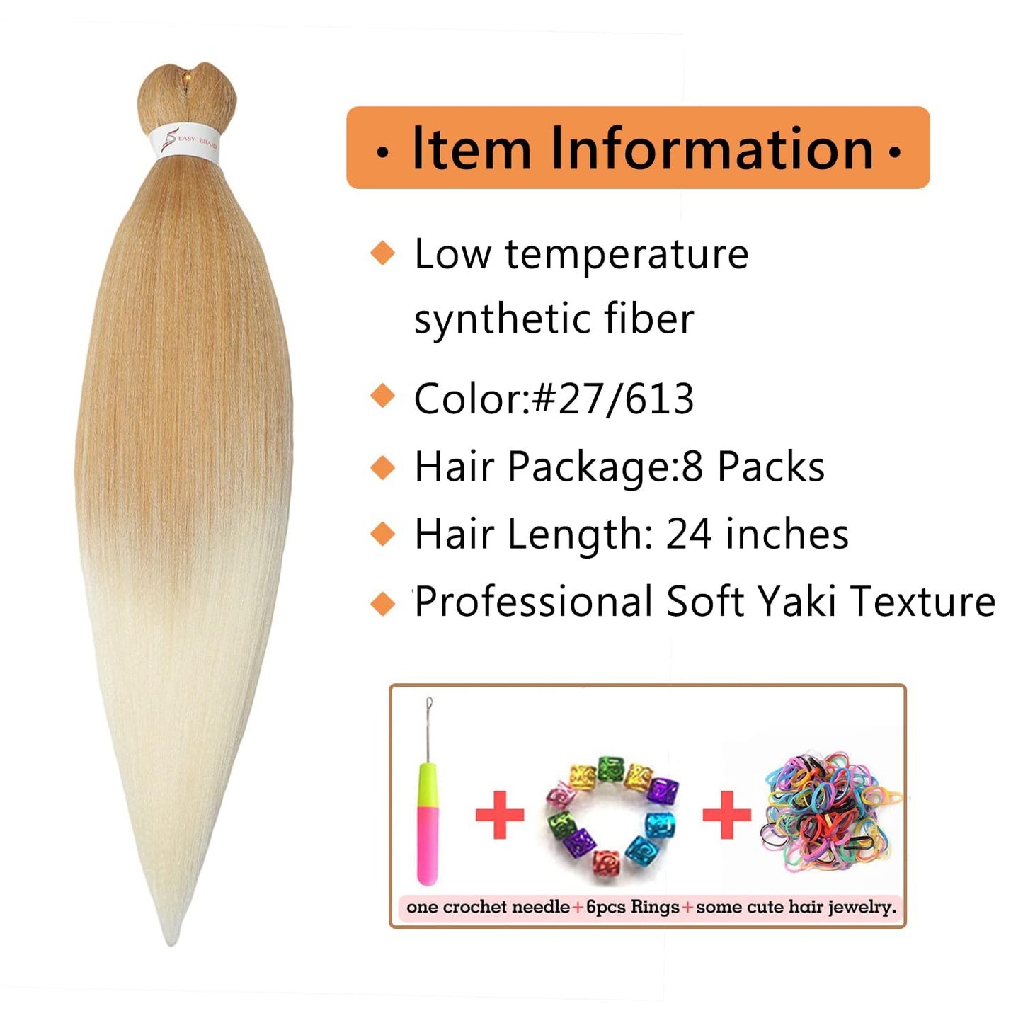 8 Packs Pre Stretched Braiding Hair, 24 Inch Braiding Hair Pre Stretched Yaki Texture, Hot Water Setting, Easy To Install Professional Synthetic Ombre Braiding Hair(24in,#27/613)