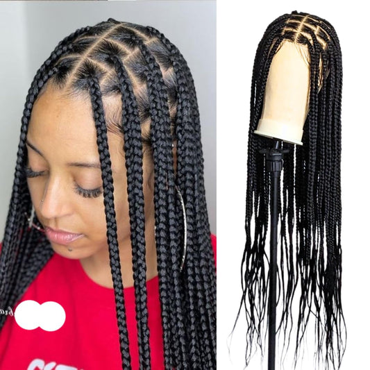 Wow Braids Box Braid Wig - Knotless Braided Wigs for Black women, with 360 glueless Full Swiss Lace Cap, & Human Baby Hair Frontal, Synthetic Long Neat African Handmade Braiding - 36 inch/Black