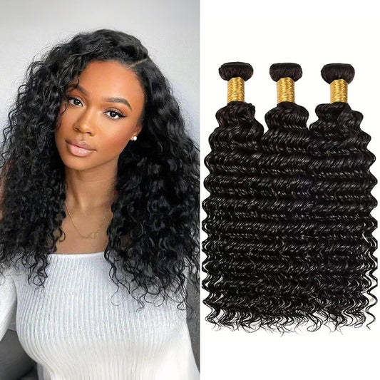 Deep Wave Human Hair Bundles 16 16 16 Inch Curly Bundles Human Hair Weave 100% Unprocessed Brazilian Virgin Remy Hair Wet and Wavy Hair Extensions for Women Natural Black Raw Weft