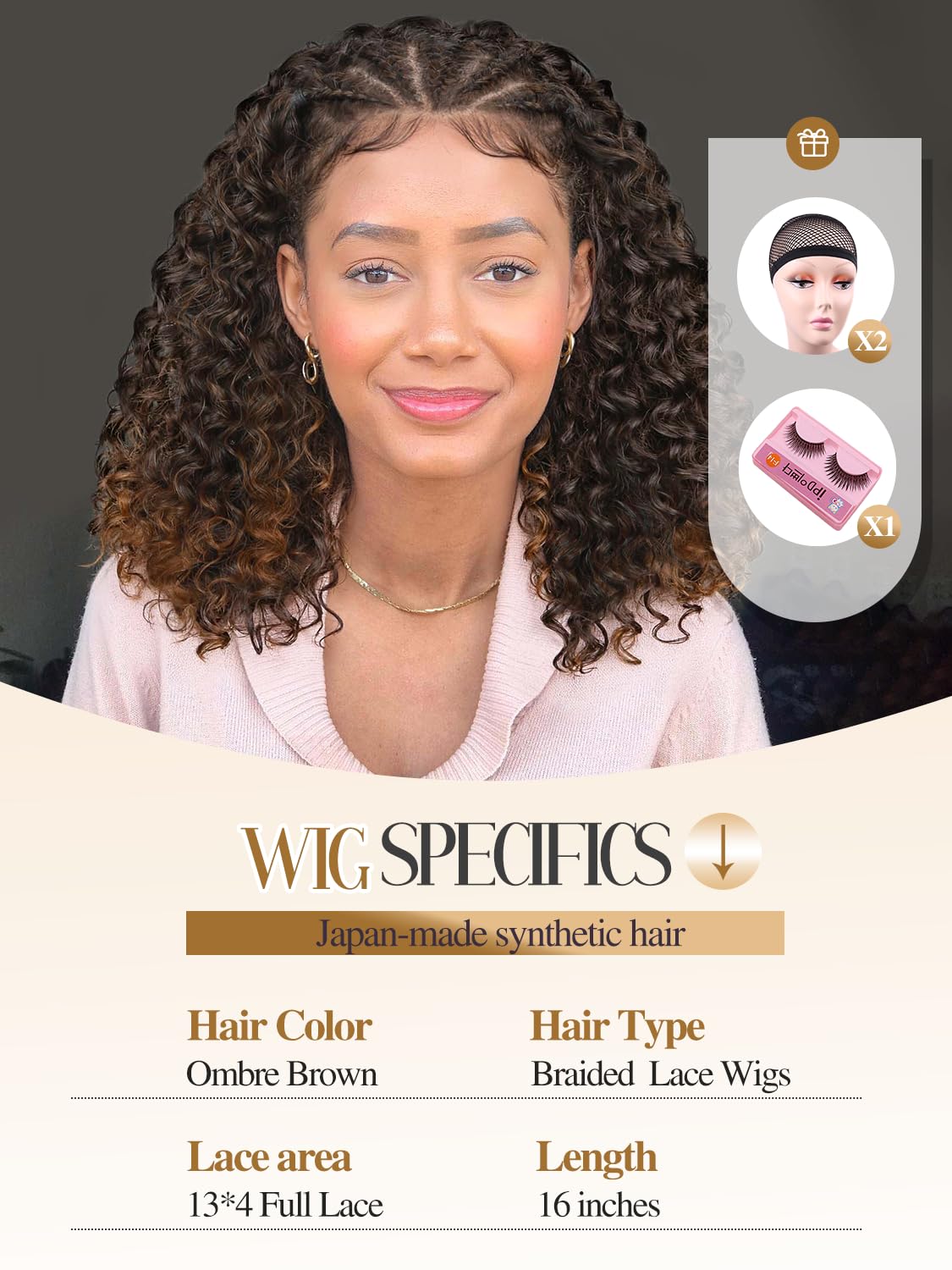 Quantum Love Braided Wigs for Black Women Braids Cornrows Lace Curly Wigs 16 Inch Lace Frontal Braided Fully Curly Ombre Brown Bob Synthetic Glueless Wigs