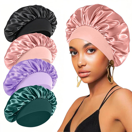 4PCS Silk Satin Bonnets for Black Women & Men - Elastic Wide Band Hair Wrap Cap for Curly Hair - Shower Cap for Sleeping (Blush Pink，Black, Peacock Blue, Purple)