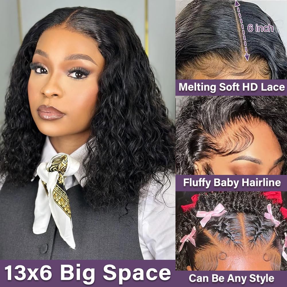 Hihmarm Curly Human Hair Wig 13x6 HD Lace Water Wave Frontal Wigs Human Hair Pre Plucked Wear And Go Deep Wave Frontal Glueless Wig for Black Women 180 Density Curly Wig Natural Black 18 Inch