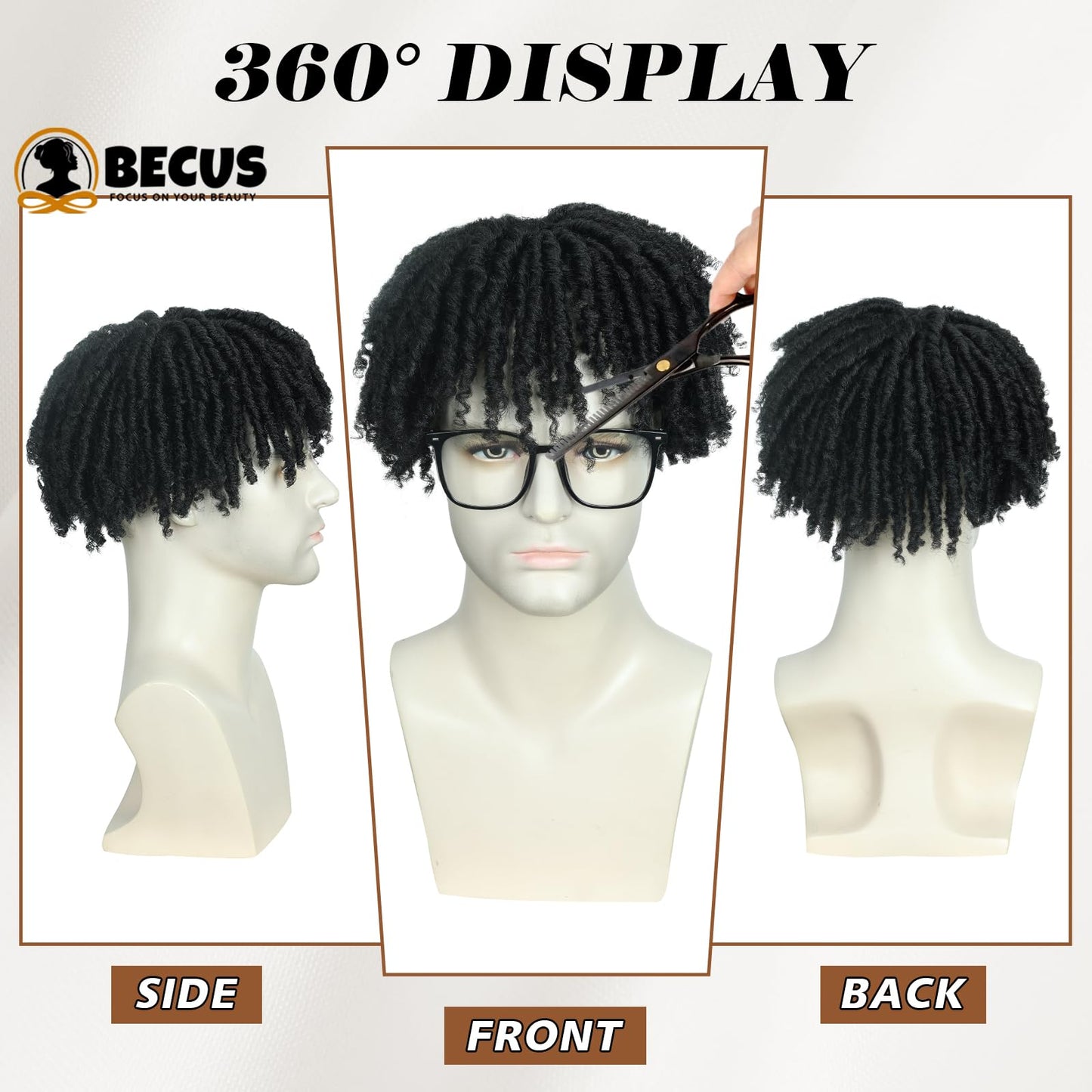 BECUS Topper Dreadlock Hairpiece for Black Men, Short Afro Fake Dreads Braids Clip In Toupee with Clips, Hairpieces for Thinning Hair, Daily Wear Halloween Cosplay Costume Party(Black-Toupee)