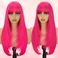 NOVFLKW Hot Pink Long Straight Layered Wig with Bangs for Women 26 inch Put on Go Realistic Synthetic Fiber Heat Resistant Natural Wig for Girls Party Cosplay and Daily Use