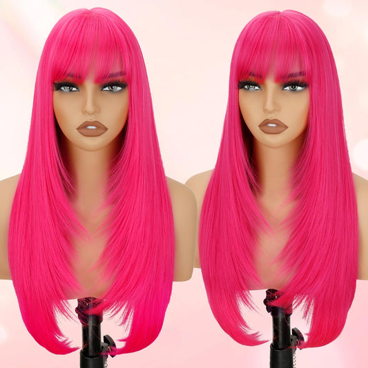 NOVFLKW Hot Pink Long Straight Layered Wig with Bangs for Women 26 inch Put on Go Realistic Synthetic Fiber Heat Resistant Natural Wig for Girls Party Cosplay and Daily Use