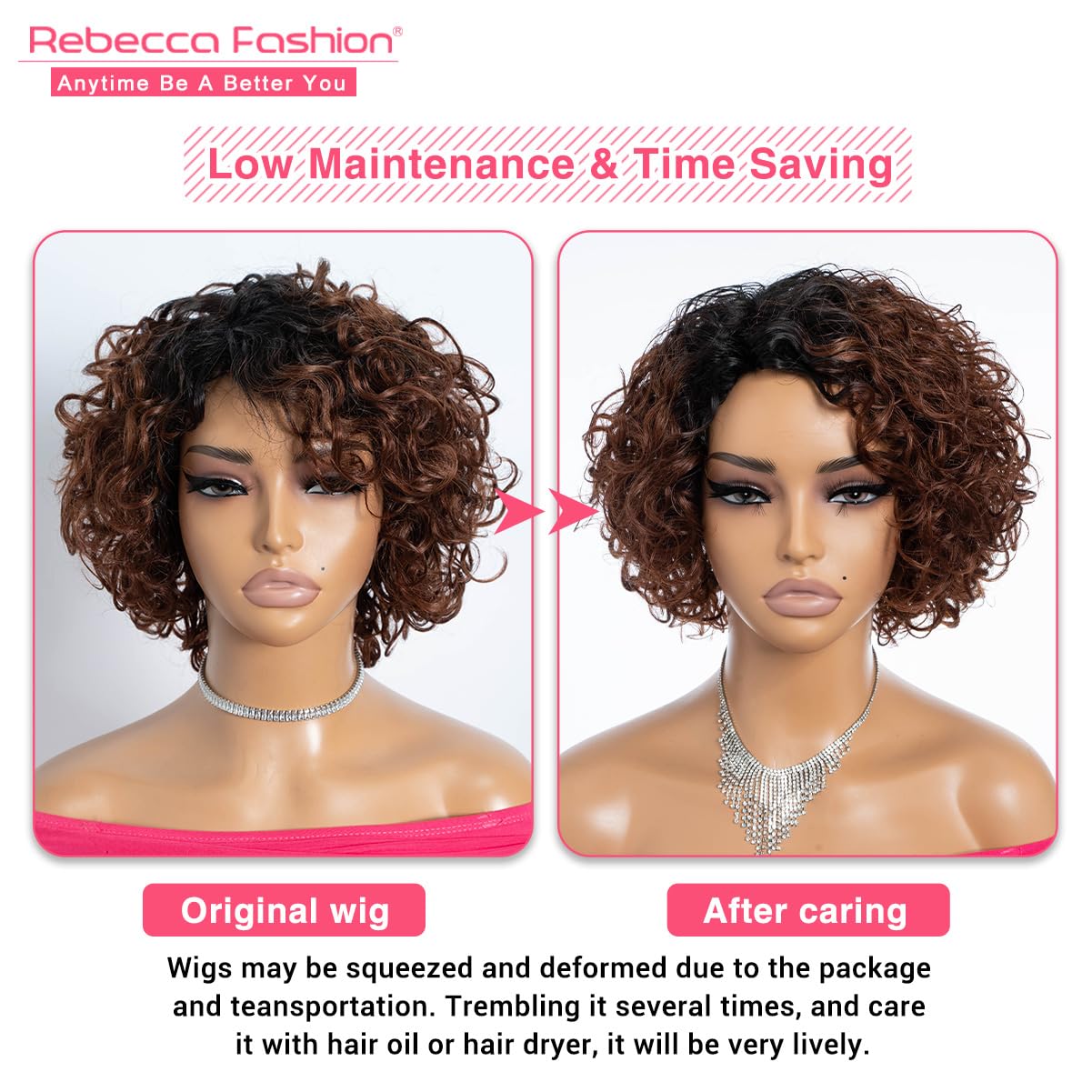 Rebecca Fashion Short Curly Human Hair Wigs for Black Women Cute Curly Bob Wig Side Part Brazilian Remy Non Lace Glueless Wigs Natural Looking Ombre Natural Color to Brown