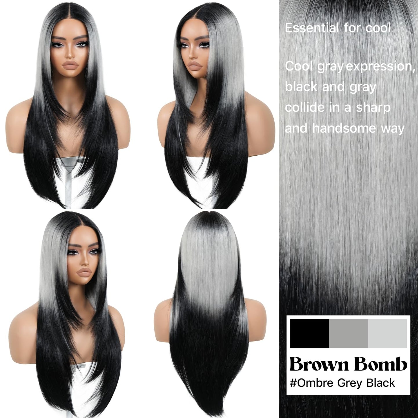 BrownBomb Ombre Sliver Grey Wear and Go Glueless Wigs Pre Plucked Pre Cut for Beginners Synthetic Lace Front Wigs With Bangs Long Straight layered Wigs HD Lace 26 Inch 3 Seconds to Wear for Beginners