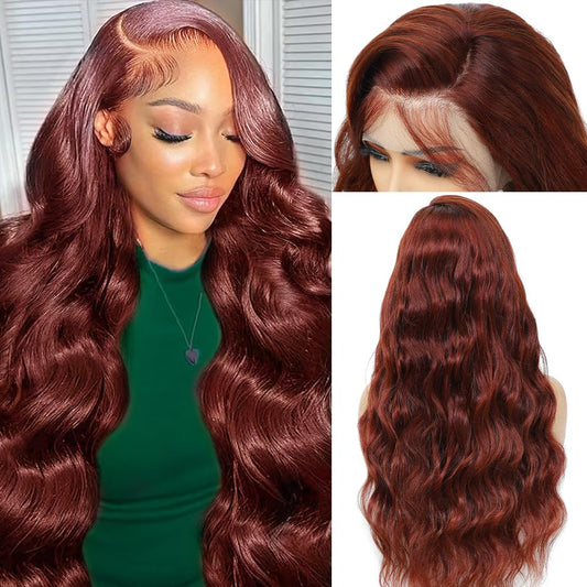Reddish Brown Lace Front Wigs Human Hair Pre Plucked 200% Density Body Wave Auburn Colored Human Hair Wig 13x4 HD Lace Front Wigs Human Hair For Women Lace Frontal Wig 24 inch