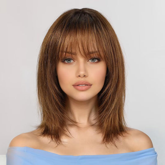 KKU 12 Inch Ombre Brown Wigs Human Hair for Women, Remy Human Hair Wigs, Human Hair Wigs with Bangs