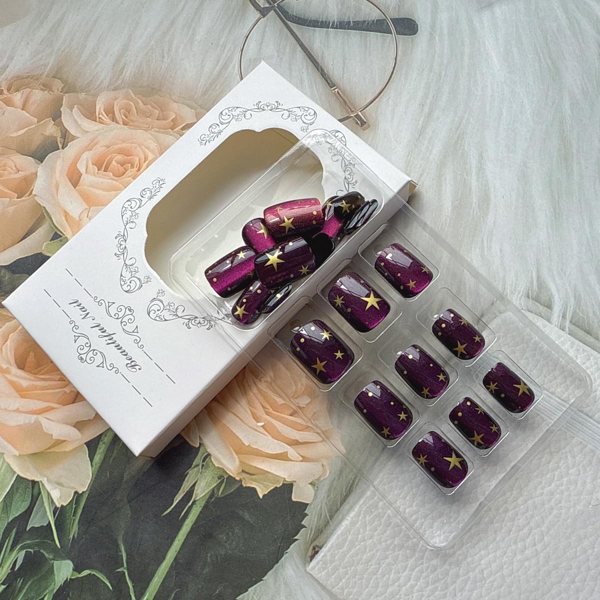 Short Square Press on Nails Fake Nails with Designs Glossy Purple Polka Dot Golden Star Pattern Acrylic Gel False Nail Kit Full Cover Reusable Artificial Stick on Nails for Women Manicure Decorations