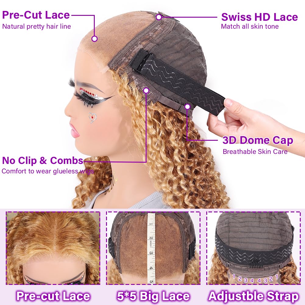 UCUVIC Glueless Wigs Human Hair Pre Plucked Pre Cut Wear And Go Curly 5x5 Deep Wave Bob Wig Human Hair Lace Front Closure Wigs For Black Women 200Density Curly Wig Glueless Highlight Ombre 14 Inch