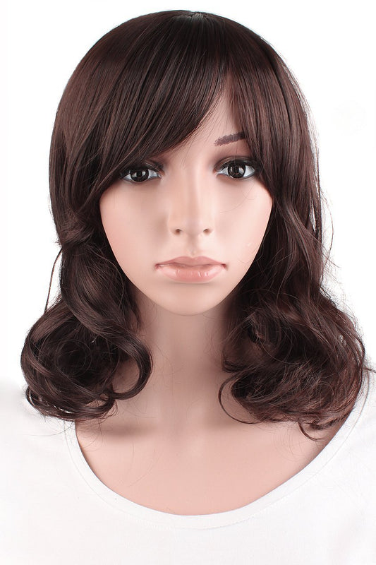 MapofBeauty Daily Use Side Bangs Medium Curly Wig (Dark Brown)